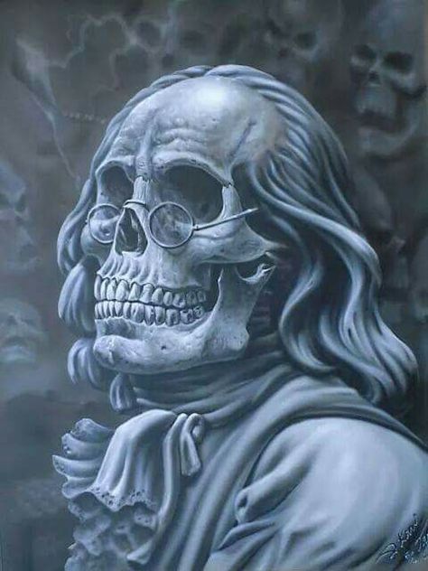 Benjamin Franklin Skull portrait,  airbrushed fineart by Kiwi Terry. Badass Skulls, Ad Infinitum, Skull Reference, Morale Patches, Skull Art Drawing, Skull Pictures, Ben Franklin, Bone Art, Gene Simmons