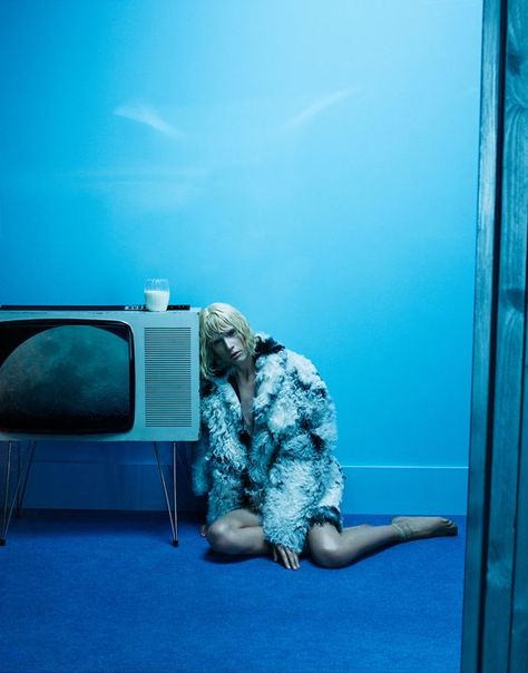 Out of the Blue - Miu Miu coat, Falke socks-Wmag: Blue On Blue Photoshoot, All Blue Photoshoot, Vintage Tv Photoshoot, Twin Drawings, Blue Photoshoot Aesthetic, Photoshoot Ideas Blue, Blue Fashion Aesthetic, Blue Vintage Aesthetic, Tv Photoshoot