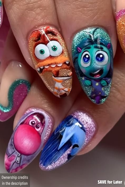 Inside Out 2 Nail Ideas, Nails By Dev, Inside Out 2 Nails, Inside Out Nail Art, Inside Out Nails, Harry Potter Nails Designs, Alice In Wonderland Nails, Character Nails, Minion Nails