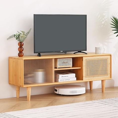 Console For Bedroom, Boho Entertainment Center, Mid Century Modern Media Console, Rattan Tv Stand, Modern Media Console, Tv Stand Decor, Media Furniture, Living Room Study, Adjustable Shelf