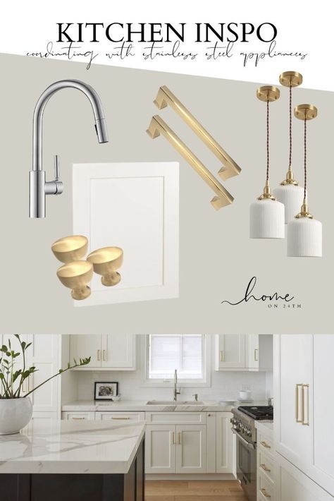 Brushed Brass Kitchen Hardware Amazon, White Kitchen Gold Hardware Stainless Steel Appliances, Chrome Faucet Gold Hardware, Modern Brass Kitchen Hardware, White Kitchen Cabinet With Gold Handle, Gold Kitchen Hardware Silver Appliances, Brushed Gold Hardware On White Cabinets, White And Brushed Nickel Kitchen, Sink Hardware Kitchen