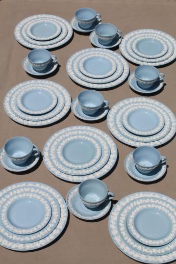 Queen's ware Wedgwood china lavender blue w/ cream embossed grapes complete set for 8 Wedgwood Queensware, Wedgewood China, China Crockery, Wedgwood China, Wedgewood Wedding, Wedding China, Pretty Dishes, Wedgwood Blue, Beautiful China