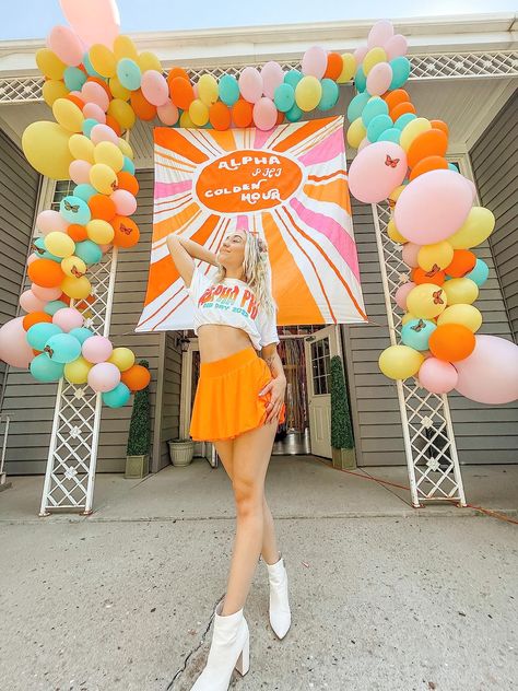 Walking On Sunshine Bid Day, Joy Comes In The Morning, Sorority Banner, You're So Golden, Recruitment Ideas, Sorority Bid Day, Bid Day Themes, Walking On Sunshine, Banner Ideas