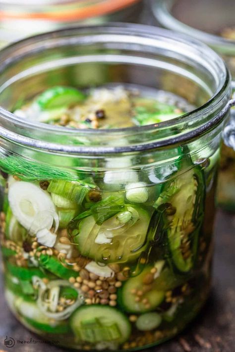 These Quick Pickled Cucumbers are extra crunchy and full of flavor! Easy to make and are ready to eat from the refrigerator the next day!  #pickledcucumbers | The Mediterranean Dish Pickle Juice Recipe, Homemade Refrigerator Pickles, Cucumber Sandwiches Recipes, Hydrating Foods, Pickled Cucumbers, Best Pickles, Quick Pickled Cucumbers, Refrigerator Pickles, Grape Salad