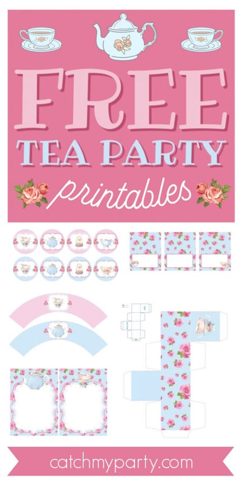 FREE Tea Party Printable Decorations for Your Birthday or Baby Shower! | Catch My Party Tea Party Printables, Sweet Tea Party, Girls Tea Party Birthday, Princess Tea Party Birthday, Tea Party Activities, Tea Party Crafts, Tea Party Cupcakes, Valentines Tea Party, Diy Tea Party