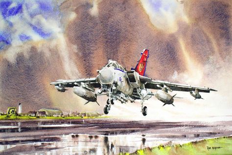 'Lossiemouth Departure', watercolour, 50 x 33 cm. Airplane Painting, Airplane Drawing, Airplane Art, Aircraft Art, Aviation Art, Military Art, Pictures To Paint, Paintings & Prints, Watercolor Landscape