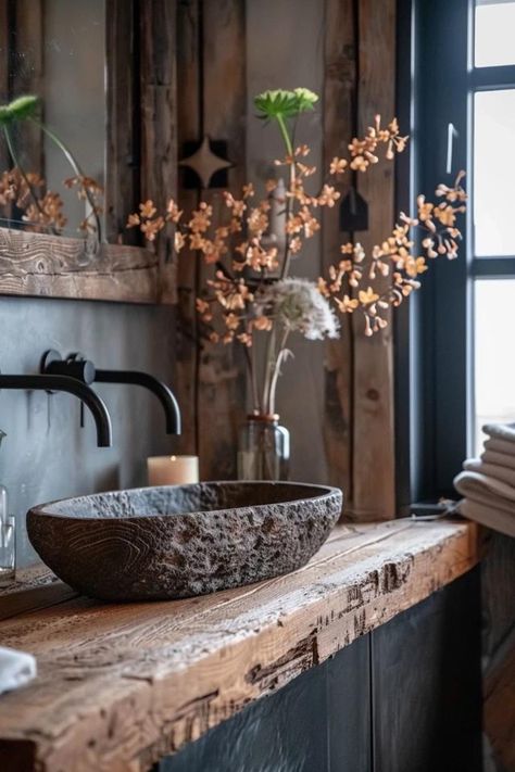 Charming Rustic Powder Room Ideas for Your Home Modern Rustic Powder Room, Rustic Powder Room Ideas, Small Powder Room Design, Rustic Powder Room, Black Shower Doors, Powder Room Ideas, Powder Room Makeover, Rustic Bathroom Vanities, Powder Room Design