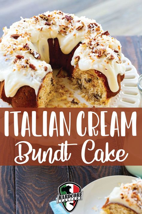 Italian Cream Bundt Cake Recipes, The Salty Cooker Italian Cream Cake, Bundt Cake With Cream Filling, Italian Bundt Cake Recipes, Italian Cream Pound Cake, Wedding Cake Bundt Cake, Italian Creme Cake Recipes Easy, Italian Bundt Cake, Italian Cream Cheese Pound Cake