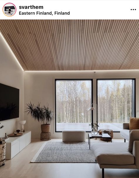 Wood Ceilings Modern, Wood Slats On Ceiling, Slat Wall Vaulted Ceiling, Wood Panelling Ceiling, Modern Vaulted Ceiling Bedroom, Wood Slat Ceiling Bedroom, Light Panel Ceiling, Slat Wood Ceiling, Wood Slat Ceiling Living Room