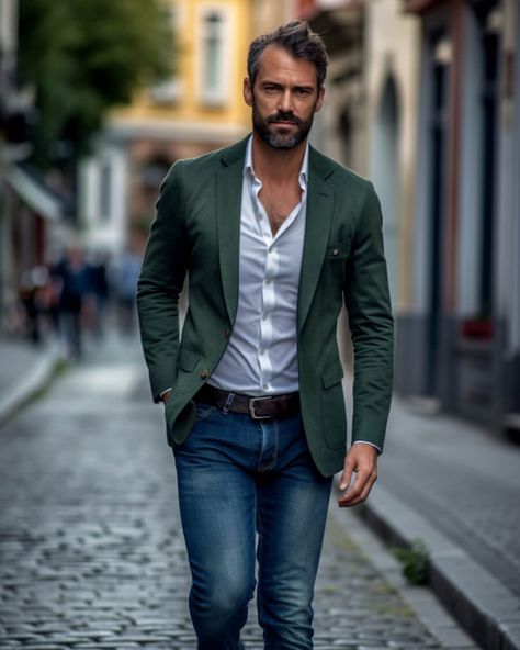 Green Blazer With Jeans, Green Blazer Outfit Men, Blazer With Jeans Men, Sports Coat And Jeans, Green Jeans Outfit, Green Blazer Outfit, Blazer And Jeans, Men's Wedding Outfit, Jeans Outfit Men