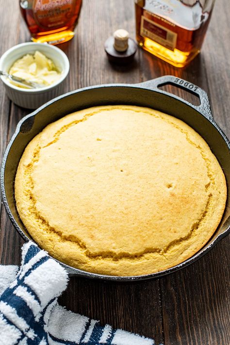 Cornbread is the best excuse to eat cake alongside your dinner. Maple bourbon cornbread is sweetened with maple syrup and boozed up with a splash of bourbon! This cornbread recipe has subtle maple and bourbon flavor. Think of your typical cornbread recipe with a little more caramel and richer flavor. #skilletcornbread #cornbread Bourbon Cornbread, Bourbon Maple Syrup, Bacon Cornbread, Whiskey Sauce, How To Make Cornbread, Bourbon Recipes, Skillet Cornbread, Maple Bourbon, Yum Recipes