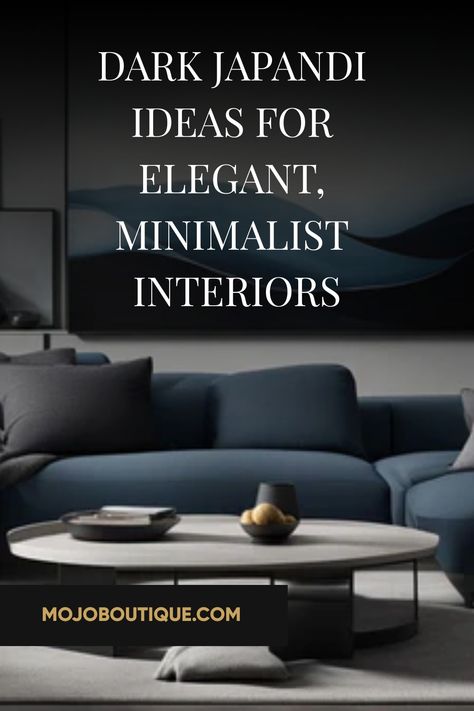 Japandi Ideas, Dark Minimalist Aesthetic, Dark Japandi, Dark Blue Room, Elegant Japandi, Small Condo Living, Japanese Simplicity, Dark Blue Rooms, Dark Gray Sofa