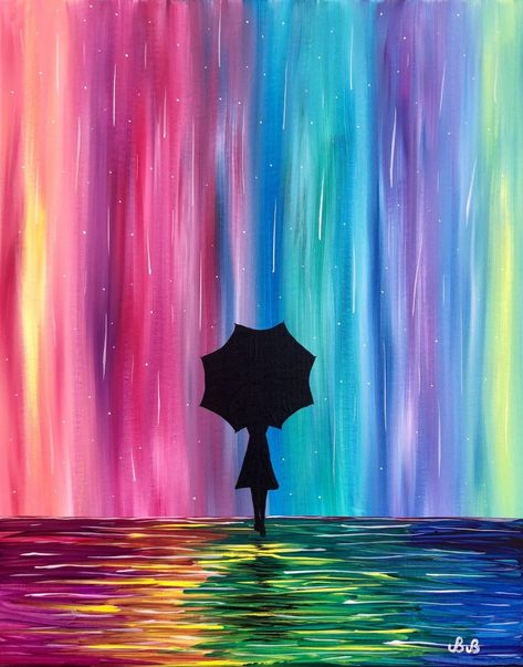 Whimsical Acrylic Painting Ideas, Silouttes Art Painting, Pastel Art Ideas Easy, Easy Colorful Paintings, Rainbow Painting Ideas, Painting With A Twist Ideas, Rainbow Art Painting, Colorful Painting Ideas, Rainbow Acrylic Painting