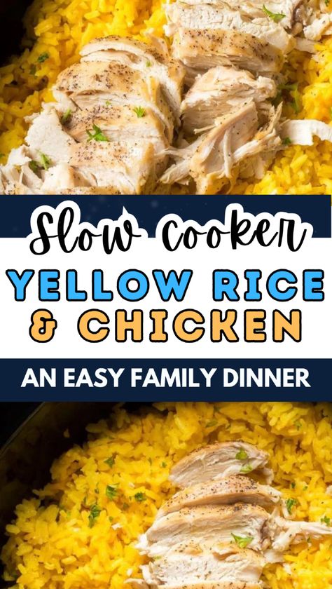 Discover the ultimate easy family meal with this delicious crockpot chicken and yellow rice recipe. Just toss chicken breasts, cream of chicken, and a bag of yellow rice into your slow cooker for a hassle-free dinner that everyone will love. The chicken cooks to perfection, becoming tender and juicy, while the yellow rice absorbs all those amazing flavors. Perfect for busy weeknights, this comforting dish is sure to become a staple in your home. Cooking Chuck Roast, Chicken Casserole Healthy, Fun Dinner Ideas For Kids, Chicken And Yellow Rice Recipe, Healthy Family Lunch, Healthy Sunday Dinner, Healthy Chicken Tenders, Crockpot Rice Recipes, Week Night Dinner Ideas