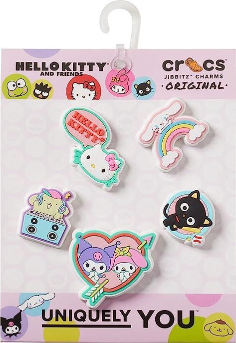 5-Pack Hello Kitty Crocs Charms: Say hello to your super cute Sanrio friends! Featuring Hello Kitty, Kuromi, My Melody, Cinnamoroll, Pompompurin, Charmmy Kitty, and Chococat. Jibbitz Charms Fit Any Crocs Shoes: Personalize your favorite pair of Crocs with Jibbitz. Compatible with Crocs clogs, lined clogs, slides, sandals, platforms, or boots. Fit adults and kid styles. Charmmy Kitty, Crocs Jibbitz, Hello Kitty And Friends, Bts Merch, Hello Kitty Plush, Croc Charms, Decorated Shoes, Charm Set, Crocs Shoes