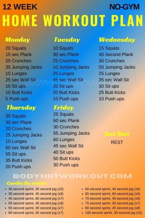 wanna get fit? use these plans at home so you can workout even if you're not at the gym, this is perfect if you are sick, but have the energy to do a work out. plus this gives you at home comfort. Week Workout Plan At Home, Week Home Workout Plan, 10 Week Workout Plan, 6 Week Workout Plan, Workout Plan At Home, 30 Minute Cardio Workout, 12 Week Workout Plan, Week Workout Plan, 10 Week Workout