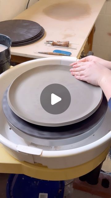 Cheri Downey | Ceramicist on Instagram: "Large Dinner Plate: Slab/Wheel Method ✨ Since I’m in the middle of a huge order, I thought I’d show you all the slab plate method again. It’s just so simple and fun!  Some questions I’ve been getting:   I get a lot of questions about drying to avoid warping. There isn’t really much to show you all. I usually will just add some weight if they start to warp around leather hard and that brings them back down. I’ve also noticed that the bottoms tend to flatten out in my glaze fire as long as the whole plate is fully on the kiln shelf.   At leather hard, I just smoothen the bottoms and I don’t trim or add a foot. I like the bottom to be flat.   This clay is Laguna #50, it will be speckled at the final result!   #ceramics #pottery #potteryasmr  #supportsm Ceramic Dinner Plates Handmade, Plate Clay, Throwing A Plate On The Wheel, Ceramic Plate Glaze Ideas, Throwing Plates On The Wheel, Pottery Plate Designs, Plate Ceramic, Pottery Bowl Designs, Ceramic Plate