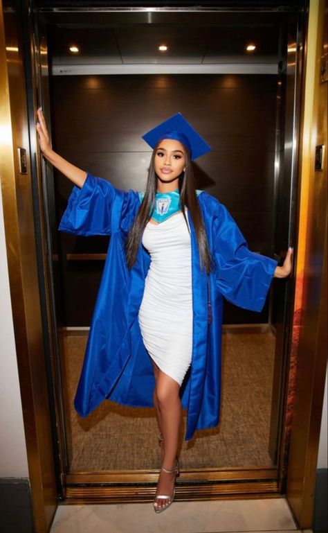 18 Unique Graduation Outfit Ideas For College & High School You Need To Recreate. - THE FASHIONABLE ONE Blue Cap And Gown Graduation Outfit, Blue Cap And Gown, College Graduation Outfit Ideas, Graduation Outfit Ideas High School, Outfit Ideas University, College Graduation Outfit, College Graduation Dresses, Graduation Outfit Ideas University, Unique Black Dresses