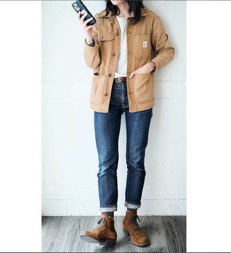 Chore coat and boots outfit Khaki Chore Jacket Outfit, Chore Coat Outfit Women, Coat And Boots Outfit, Chore Jacket Outfit Women, Chore Coat Outfit, October Clothes, Chore Jacket Outfit, Chore Coat Womens, Thrift List