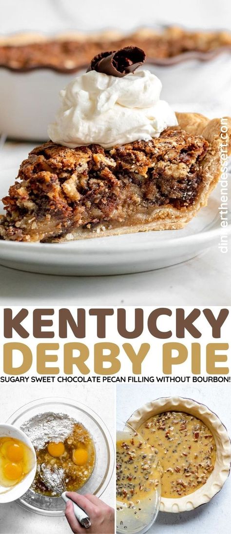 Kentucky Derby Pie is a rich and creamy pie made with sugar, butter, vanilla, chopped pecans and chocolate chips baked in a flaky pie crust. Kentucky Derby Chocolate Walnut Pie, Chocolate Derby Pie, Ky Derby Pie Recipe, Kerns Derby Pie Recipe, Ky Derby Pie, Kentucky Pie Recipe, Derby Pie Bars Recipe, Kentucky Derby Pie With Bourbon, Dixie Pie Recipe