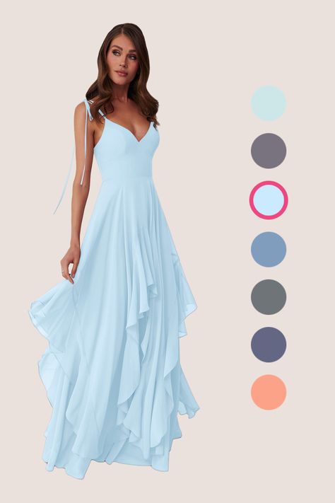 This flowy dress features double adjustable spaghetti straps with a bow tie at the shoulders, pockets, and a ruffled tier handkerchief cut skirt. Mother Of Bride Dresses Beach Wedding, Summer Wedding Bridesmaid Dresses Blue, Periwinkle Blue Bridesmaid Dresses, Cinderella Blue Bridesmaid Dresses, Flowy Blue Dress, Flowy Light Blue Dress For Bridesmaid, Bridesmaid Dresses Baby Blue Flowy, Blue Floor-length Summer Bridesmaid Dress, Light Blue Floor-length Maxi Dress For Bridesmaid