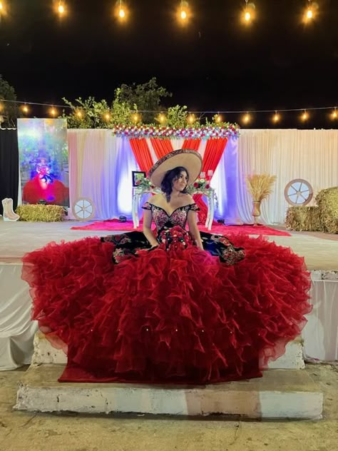 Peruvian Quinceanera, Quince Hairstyles With Charro Hat, Red And Black Charro Quinceanera Theme, Red And Black Quinceanera Dresses, Red Charro Quinceanera Theme, Red Charro Quinceanera Dress, Charro Theme Quinceanera, Charra Quinceanera Dresses, Dream Quinceanera