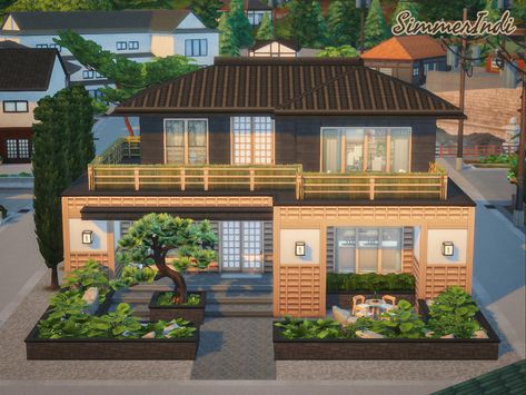 Modern Japanese House Floor Plan, Japanese Inspired House, Japanese House Modern, Sims 4 Japanese House, Japanese Townhouse, Japanese House Floor Plans, Sims Gallery, Mt Komorebi, Snowy Escape