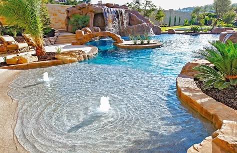 Pool Ideas Beach Entry, Beach At Home Pool, Pool With Sand Beach, Beach Entrance Pool Designs, Home Beach Pool, Beach Type Pool, Amazing Pool Designs, Amazing Backyard Pools, Pool That Looks Like A Beach