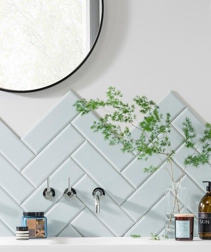 Pale Blue Bathroom Tiles - Pale Blue Bathroom Tiles In Herringbone Arrangement. Image Via Studiolabdecor.com Pastel Bathroom, Blue Bathroom Tile, Topps Tiles, Diy Backsplash, Downstairs Toilet, Pastel Sky, Herringbone Tile, Gorgeous Bathroom, Downstairs Bathroom