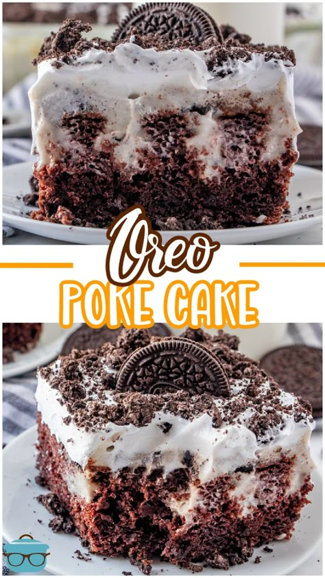 Oreo Poke Cake is the recipe that started the poke cake rage! Chocolate cake mix, Oreo Pudding and whipped topping. Everyone will ask you for this recipe! Oreo Dump Cake Recipes, Poke Cakes Recipes, Chocolate Poke Cake Recipes, Easy Cake Mix Recipes, Oreo Poke Cake Recipe, Oreo Poke Cake, Cool Desserts, Oreo Cakes, Oreo Cake Recipe