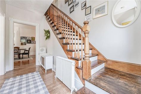 Refinishing Wood Stairs Old House Stairs Old House, Old House Staircase, Stairway Paint Ideas, Upstairs Landing, Wooden Staircase, House Staircase, Treads And Risers, Staircase Makeover, Brown Carpet