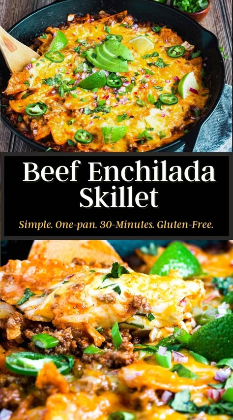 Take the hassle out of making enchiladas by preparing this simple ground beef enchilada skillet. This one-pan meal takes just 30-minutes to prepare and is gluten-free. Don't forget the toppings!!! #skilletmeals #beefenchiladaskillet #enchiladaskillet #beefenchiladas #easydinner