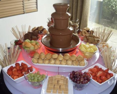 Chocolate Fountain Bar, Party Food Bar, Graduation Food, Food House, Fondue Party, Graduation Party Foods, Chocolate Fountain, Fruit Kabobs, Reception Food