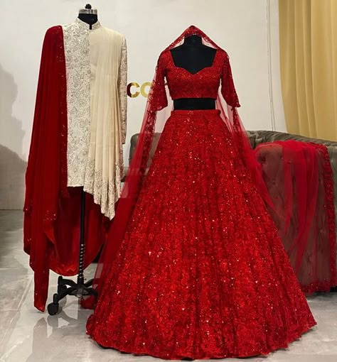 Couple Dressing, Red Indian Wedding, Lengha Dress, Casual Bridal Dress, Baju Kahwin, Indian Wedding Gowns, Red Bridal Dress, Bridal Lengha, Bridal Lehenga Designs