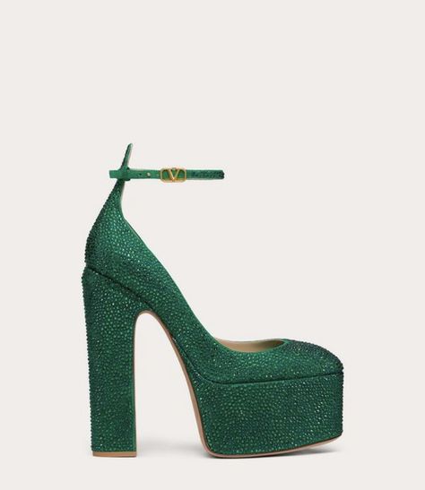 Green Platform Heels, Emerald Green Heels, Bedazzled Shoes, 17 Birthday, Valentino Heels, Valentino Garavani Shoes, Shoe Inspo, Strap Pumps, Bride Shoes