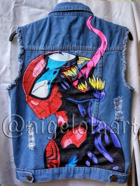 Drawing Denim, Venom Drawing, Denim Jacket Diy Paint, Jacket Painting, Superior Spider Man, Hand Painted Jacket, Jacket Hand Painted, Jean Diy, Spider Man Venom