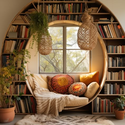 Reading Nook In Bookshelf, Wooden Theme Interior Design, Earthy Library Aesthetic, Storybook Interior Design, Apartment Book Nook, Earthy Library, Whimsical Bookshelves, Boho Book Nook, Unique House Ideas