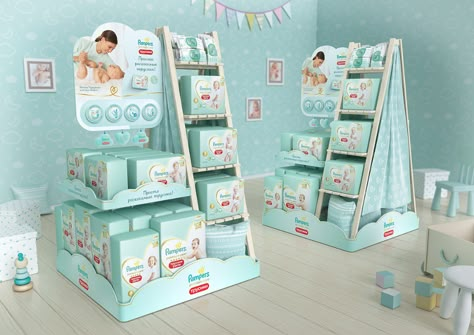 Pampers pallet design on Behance Baby Shop Design, Baby Boutique Display, Posm Display Design, Island Display, Pop Shelves, Tradeshow Booth Design, Activation Booth, Point Of Purchase Display, Pallet Display