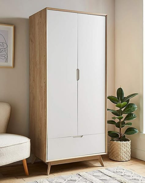 Wardrobe With Drawers Outside, Scandi Bedroom Wardrobe, Wardrobe White And Wood, White And Wood Wardrobe, Modern Wood Wardrobe, Beach House Closet, Scandi Wardrobe, Simple Wardrobe Design, Modern Wardrobe Design Sliding Doors