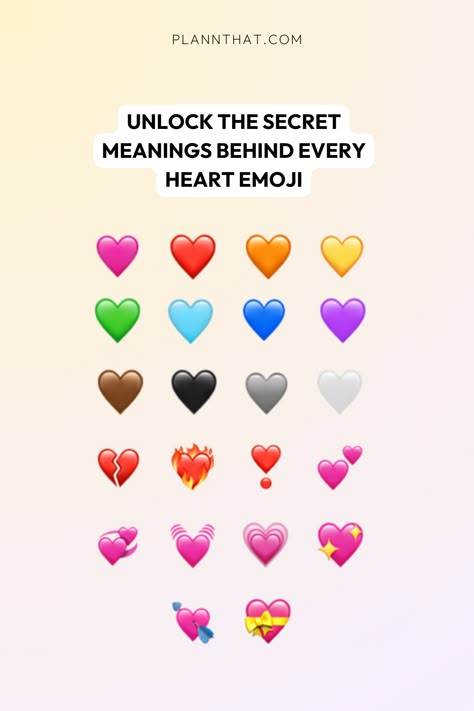 They’re a vibrant part of our everyday conversations! Dive into our guide to discover the meanings behind popular heart emojis. 

Dive into the colorful world of heart emojis and find out how to use them to express your feelings perfectly! Different Heart Meanings, Meanings Of Heart Emojis, White Heart Meaning, Color Heart Meaning, What Different Heart Emojis Mean, Blue Heart Meaning, Heart Color Meanings Emoji, Black Heart Meaning, Colour Heart Meaning