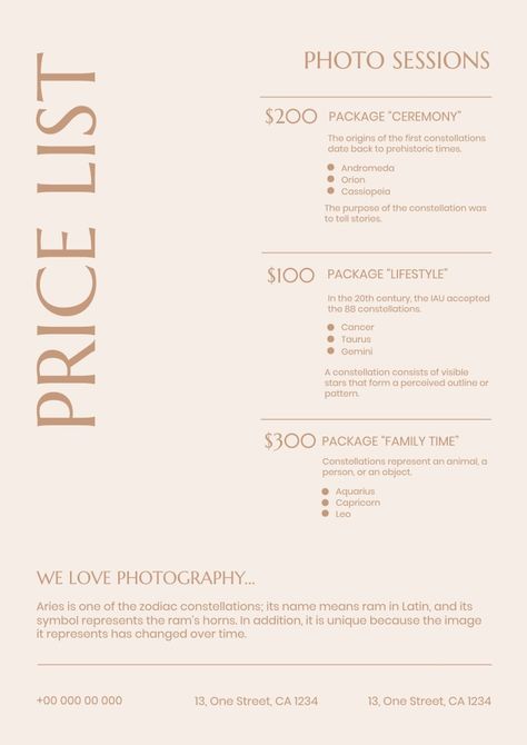 Price List Design Photographers, Branding Price List Design, Food Photography Price List, Jewelry Price List Design, Pricing Proposal Design, Pricing Design Layout, Wedding Photography Price List, Price List Design Photography, Price Template Design