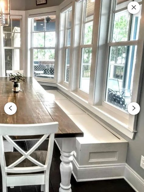 Window Seats In Kitchen, Kitchen Bench Window, Built In Kitchen Bench, Bay Window Seating Kitchen, Seating In Kitchen, Built In Window Seat, Nook Bench, Bay Window Seat, Window Bench