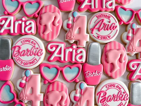 Come on Barbie let’s go party, it’s Aria’s 4th birthday! 💖💅🏼👛👠✨ . . . . #barbie #comeonbarbieletsgoparty #barbiebirthday #4thbirthday #barbiecookies #sugarcookies #cookies #customcookies #customsugarcookies Barbie Cutout Cookies, 3rd Birthday Barbie Party, Three Year Old Barbie Birthday Party, Come On Barbie Lets Go Party Birthday, Barbie Birthday Cookies Decorated, 3rd Barbie Birthday Party, 4 Year Birthday Party Barbie, Barbie Party Cookies, Barbie Birthday Party 3 Year