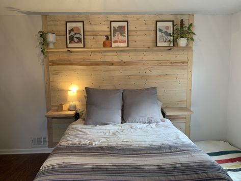 Headboard And Nightstand In One, Diy Headboard And Nightstand, Diy King Headboard With Storage, Flat Headboard Ideas, Headboard Wall With Shelves, Headboard Ideas With Shelves, Headboard With Floating Shelves, Wall Shelves Next To Bed, Diy Headboard With Shelves Wood