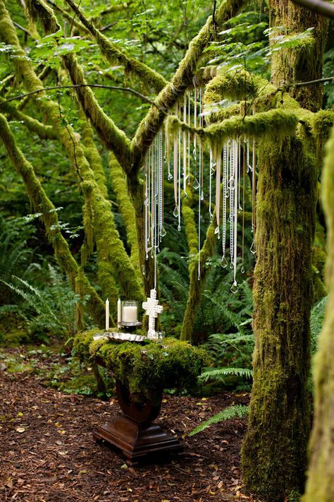 Love this aside from the religious stuff. And with flowers instead of crystals. Backyard Wedding Alter, Wedding Alter, Wedding Alters, Pagan Wedding, Enchanted Forest Wedding, Viking Wedding, Moss Covered, Theme Nature, Enchanted Wedding