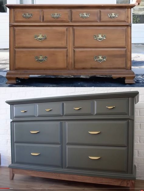 Iron Ore Painted Dresser, Renovated Furniture Before After, Traditional Dresser Makeover, 90s Furniture Makeover, Colonial Dresser Makeover, Dresser Set Makeover, Refinished Furniture Before And After, Black Refurbished Dresser, Furniture Flipping Before And After