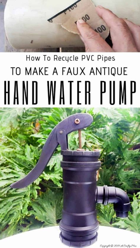 How to make your own faux antique hand water pump from PVC pipes. Full DIY tutorial at A Crafty MIx #paintingPVCPipes #DIYPaintingPVC #acraftymix #DIYTutorial #fauxhandwaterpump #antiquewaterpump Diy Wood Projects For Home, Hand Water Pump, Projects For Home, Pvc Projects, Pvc Pipes, Water Fountains Outdoor, Black Spray Paint, Well Pump, Hand Pump