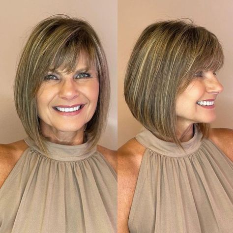 A-Line Bob with Bangs for Mature Women A Line Bob With Bangs, Long Bob With Bangs, Fine Straight Hair, Hair To One Side, 50 Hair, Chin Length Hair, Blending Gray Hair, Bob With Bangs, Haircut For Older Women