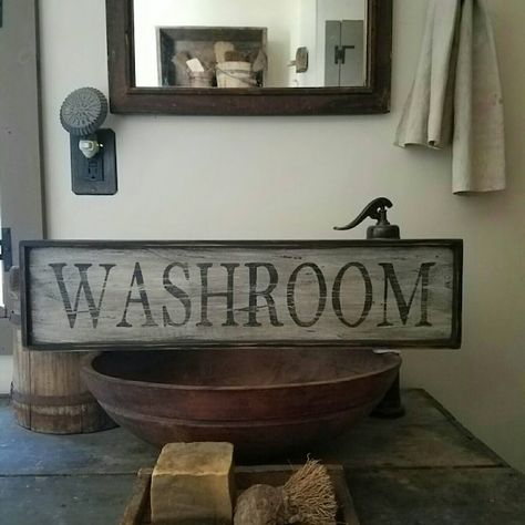 Washroom Sign, Primitive Bathroom, Primitive Bathrooms, Primitive Signs, Primitive Homes, Primitive Decorating Country, Primitive Home, Kew Gardens, Rustic Bathroom