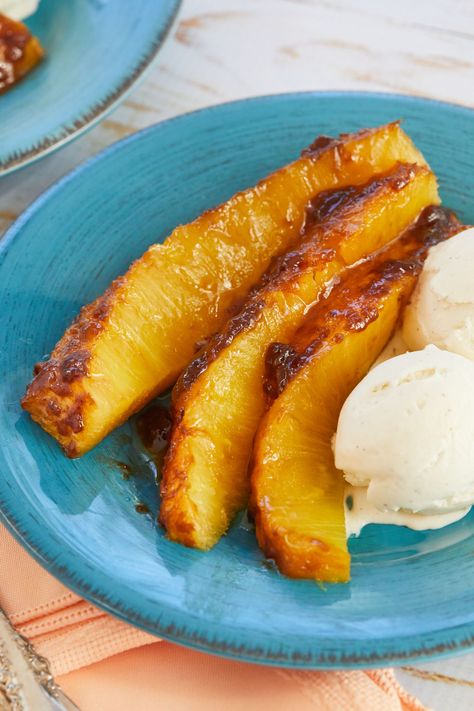 Roasted Pineapple pairs perfectly with coconut or vanilla ice cream. Pineapple Recipes Dinner, Fresh Pineapple Recipes, Pineapple Recipe, Fruit Desserts Easy, Baked Pineapple, Roasted Pineapple, Bigger Bolder Baking, Pineapple Desserts, Baking Cookbooks